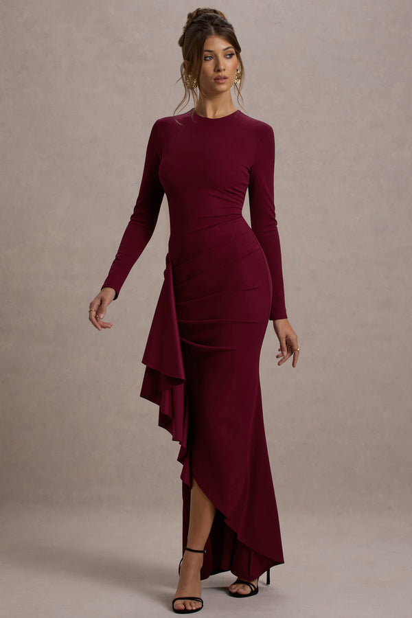 Club L Alayna Berry Long-Sleeve Maxi Dress With Ruffled Split