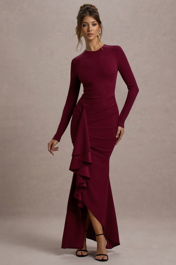 club l Alayna Berry Long-Sleeve Maxi Dress With Ruffled Split