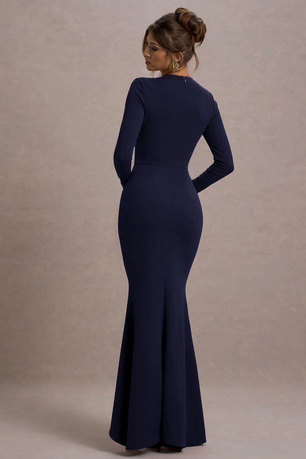 Club L Alayna Navy Long-Sleeve Maxi Dress With Ruffled Split
