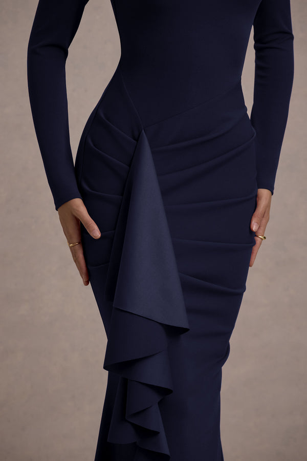 Club L Alayna Navy Long-Sleeve Maxi Dress With Ruffled Split