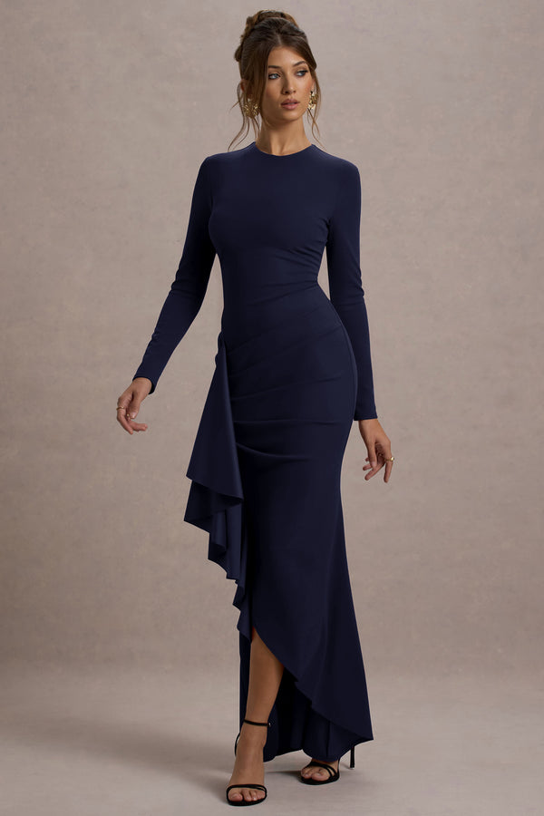 club l Alayna Navy Long-Sleeve Maxi Dress With Ruffled Split