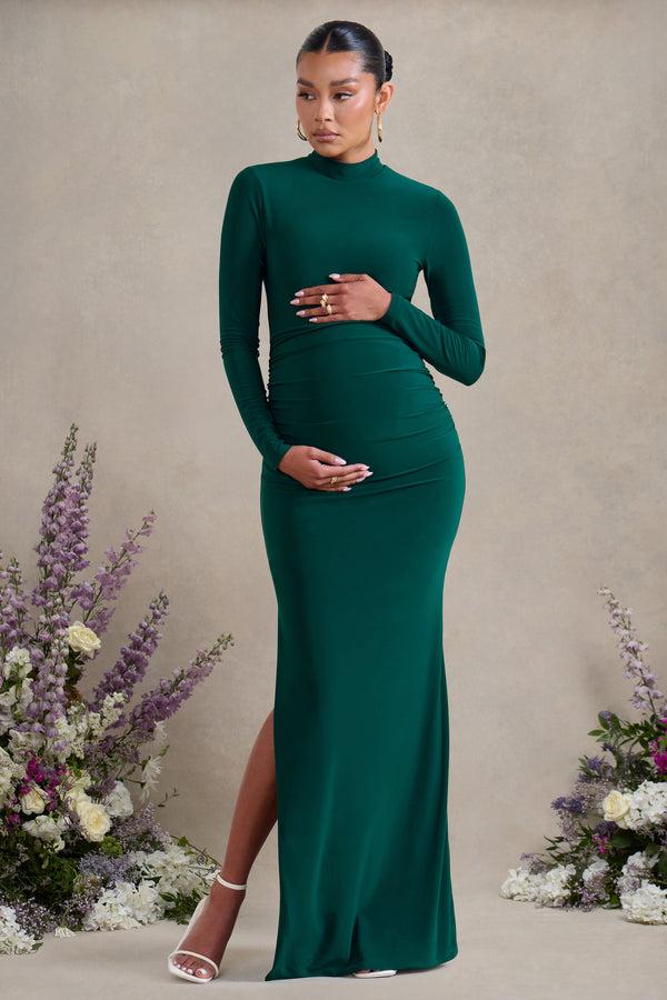 club l Alejandra Green Maternity Long Sleeve High Neck Maxi Dress