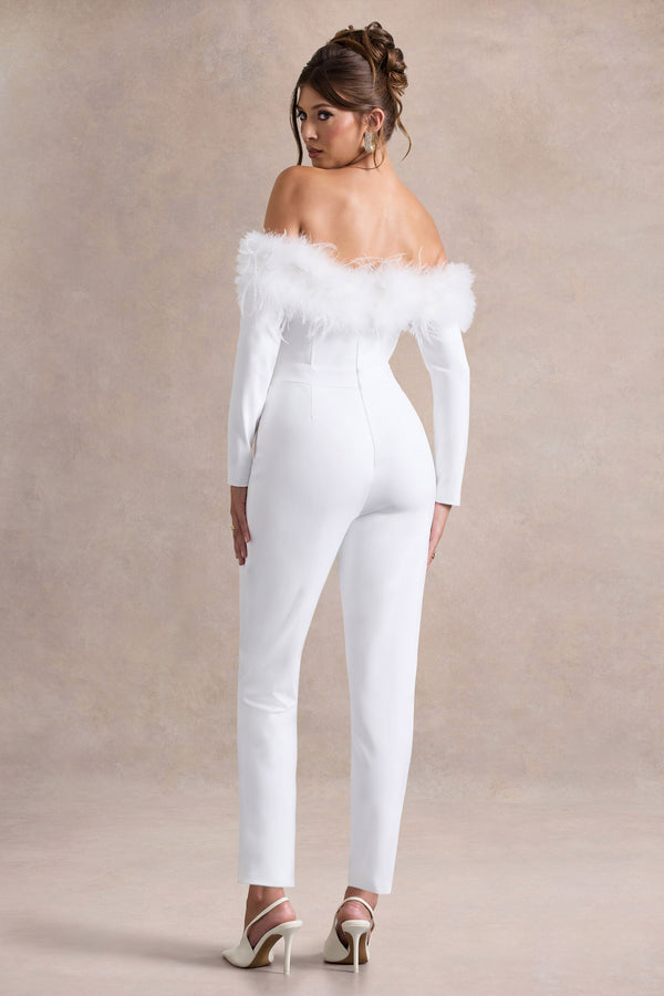 Club L Ales White Bardot Tailored Straight-Leg Jumpsuit With Feather Trim