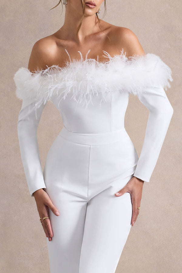 Club L Ales White Bardot Tailored Straight-Leg Jumpsuit With Feather Trim
