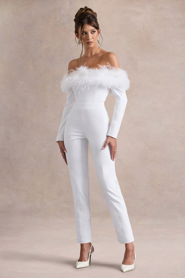 Club L Ales White Bardot Tailored Straight-Leg Jumpsuit With Feather Trim