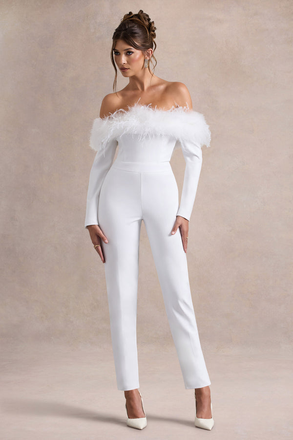 club l Ales White Bardot Tailored Straight-Leg Jumpsuit With Feather Trim