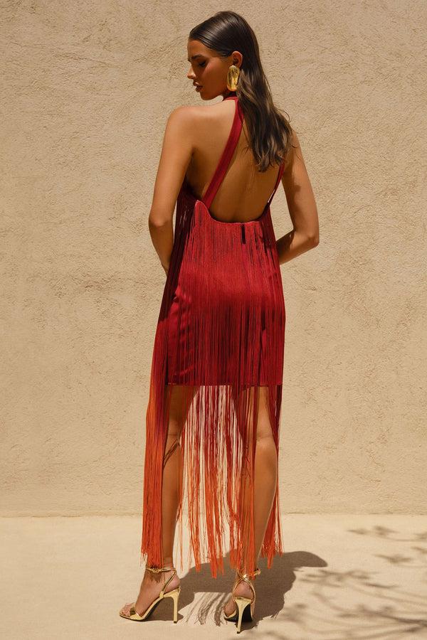 Club L Alessia Orange Ombre Fringe High-Neck Maxi Dress
