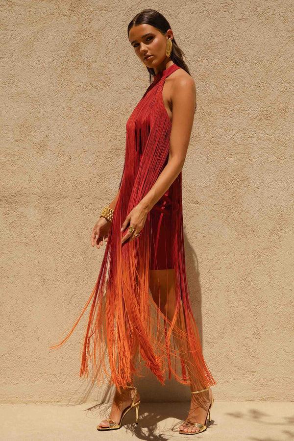 Club L Alessia Orange Ombre Fringe High-Neck Maxi Dress