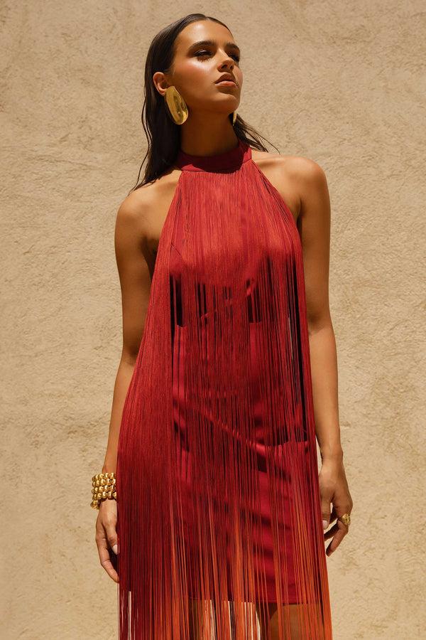 Club L Alessia Orange Ombre Fringe High-Neck Maxi Dress