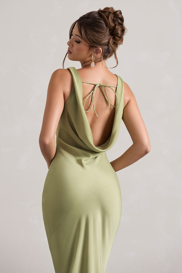 Club L Alesso Light Olive Satin Cowl-Neck Maxi Dress