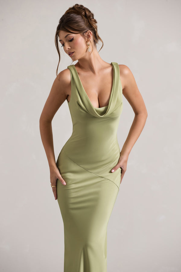 Club L Alesso Light Olive Satin Cowl-Neck Maxi Dress
