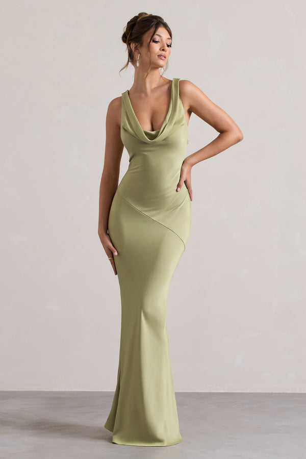 Club L Alesso Light Olive Satin Cowl-Neck Maxi Dress