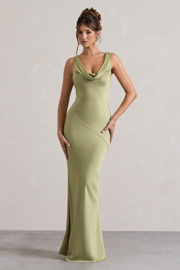 club l Alesso Light Olive Satin Cowl-Neck Maxi Dress