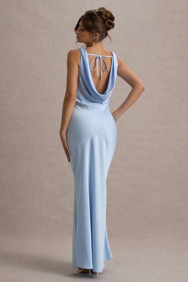 Club L Alesso Powder Blue Satin Cowl-Neck Maxi Dress
