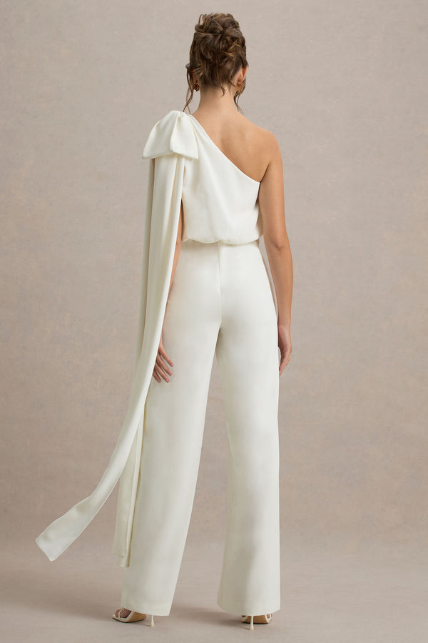 Club L Alice Cream Asymmetric Bow Shoulder Jumpsuit With Drape