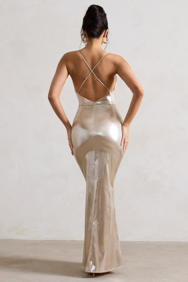 Club L All In Time Champagne Metallic Cowl-Neck Maxi Dress With Cross Back Detail