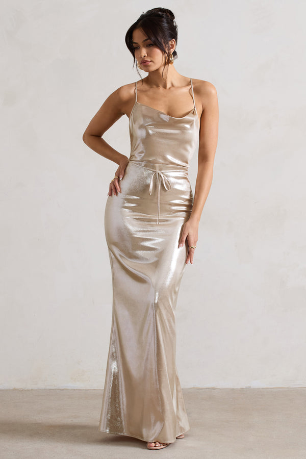 Club L All In Time Champagne Metallic Cowl-Neck Maxi Dress With Cross Back Detail