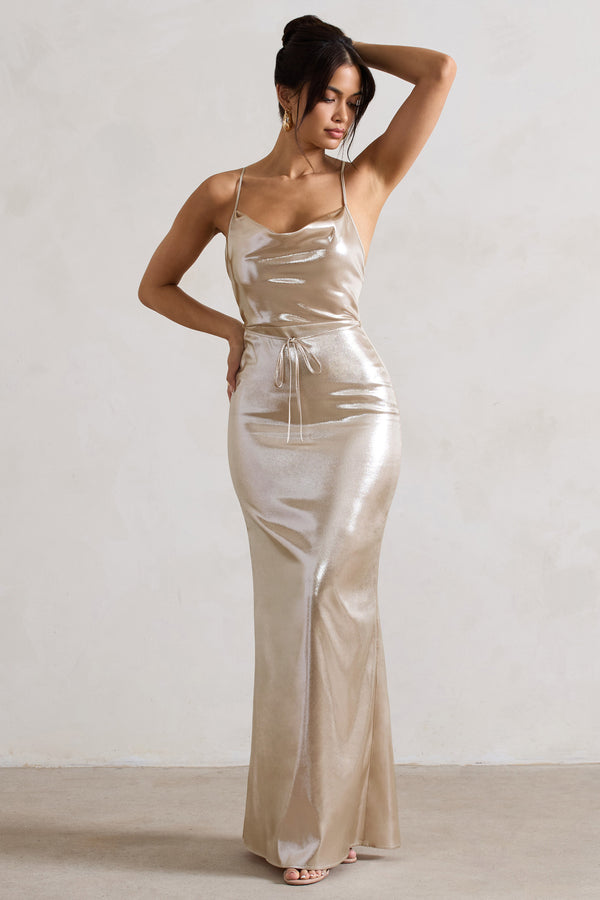 club l All In Time Champagne Metallic Cowl-Neck Maxi Dress With Cross Back Detail
