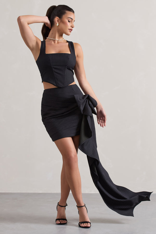 club l All The Talk Navy Pinstripe Wrap Mini Skirt With Side Drape