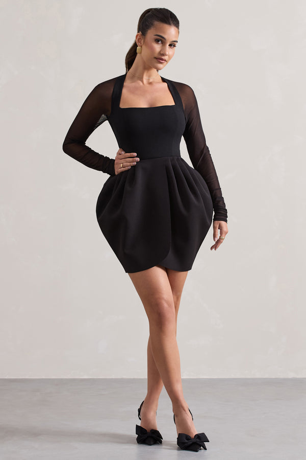 Club L Alto Black Square-Neck Mini Dress With Puff Skirt