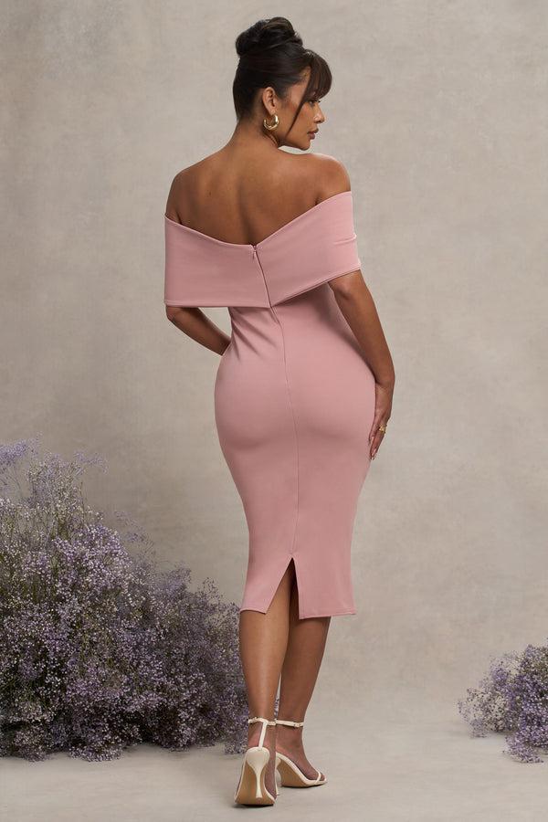 Club L Alyssa Blush Bardot Bow Maternity Midi Dress With Ruching