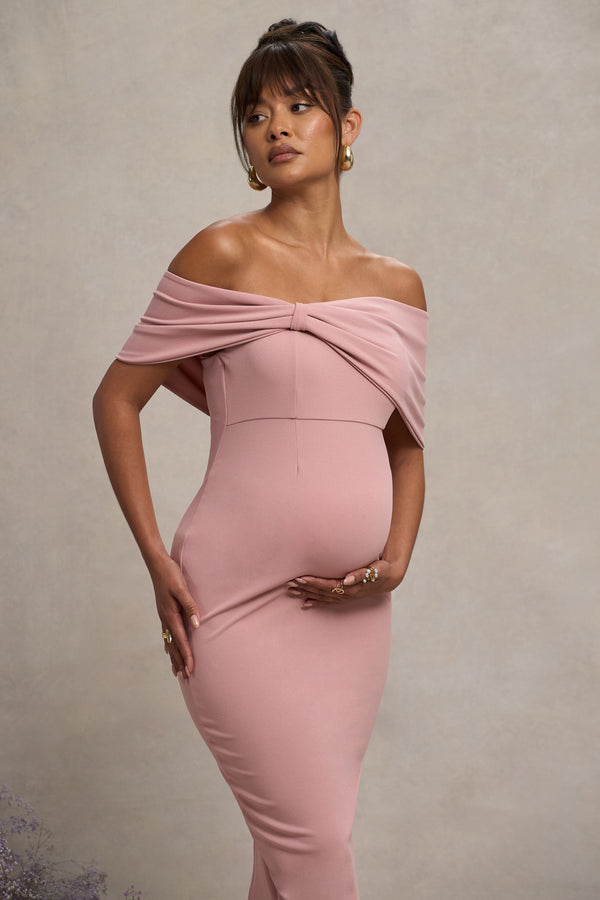 Club L Alyssa Blush Bardot Bow Maternity Midi Dress With Ruching
