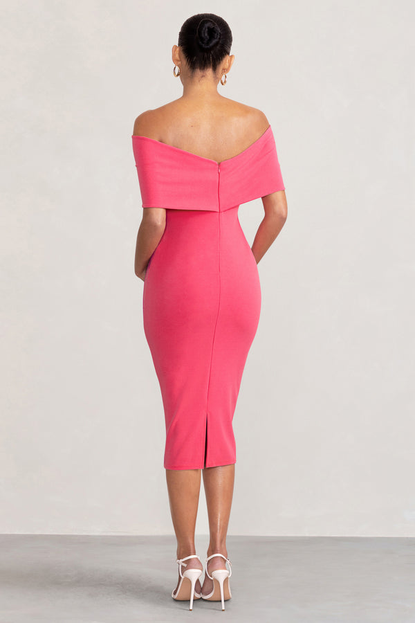 Club L Alyssa Hot Pink Bardot Bow Maternity Midi Dress With Ruching
