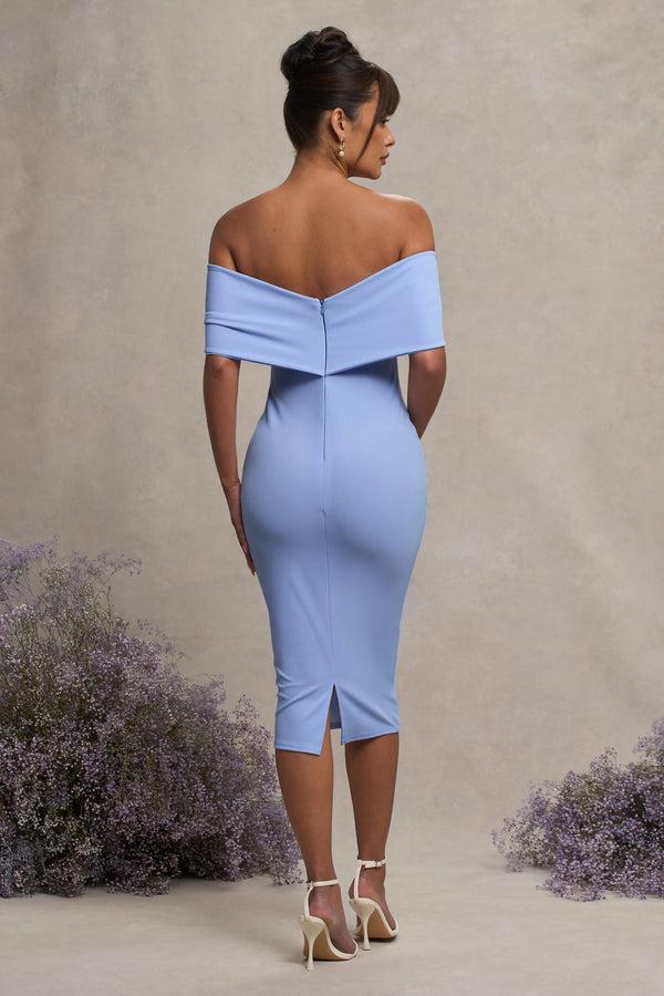 Club L Alyssa Powder Blue Bardot Bow Maternity Midi Dress With Ruching