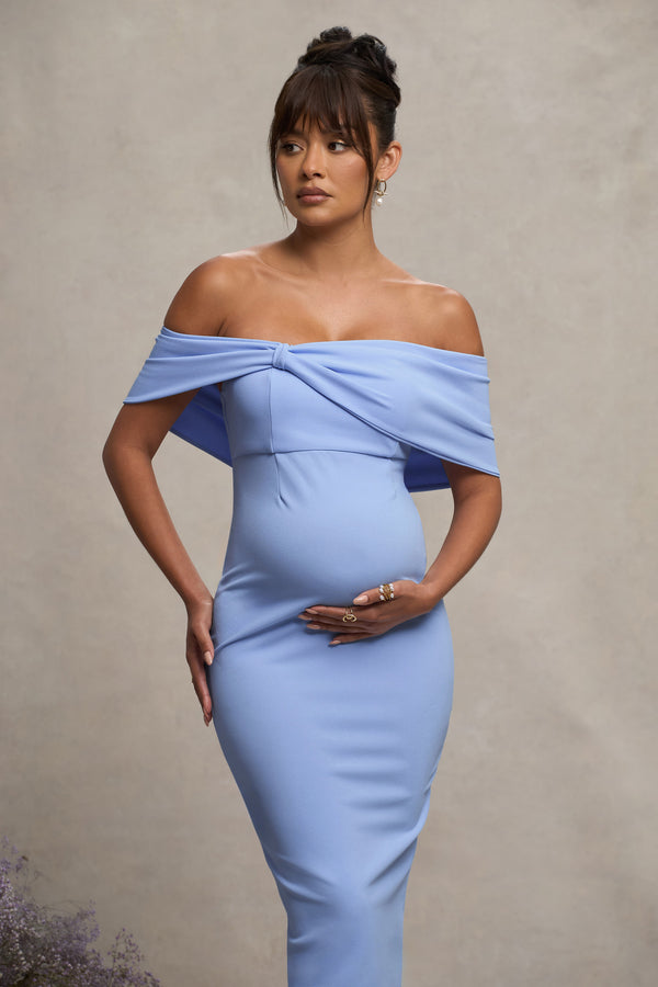 Club L Alyssa Powder Blue Bardot Bow Maternity Midi Dress With Ruching