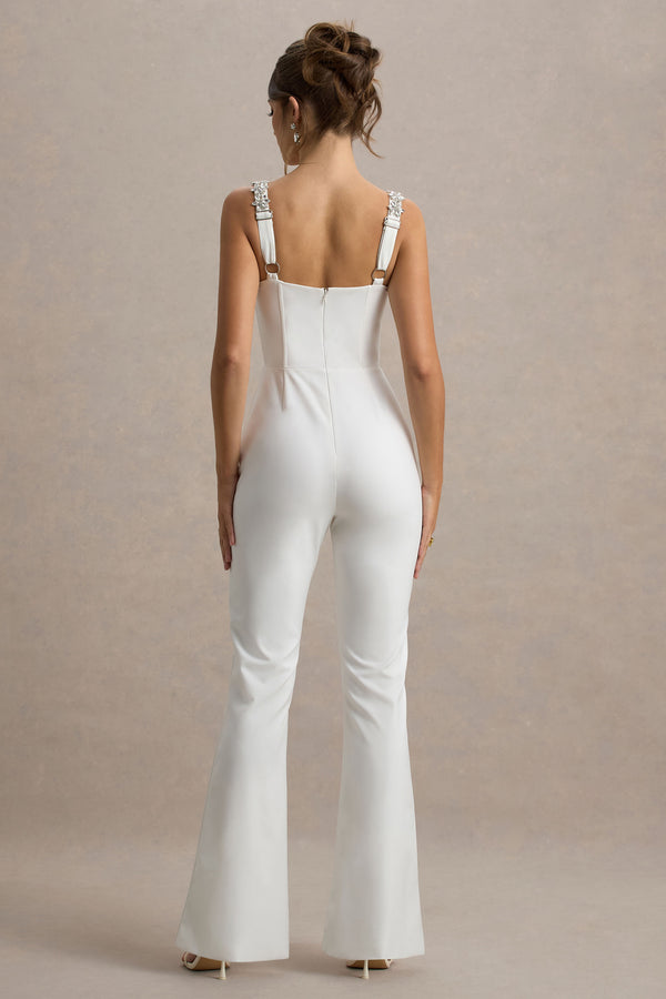 Club L Amadi White Embellished Strappy Flared-Leg Jumpsuit