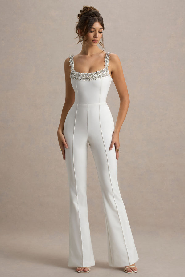 club l Amadi White Embellished Strappy Flared-Leg Jumpsuit