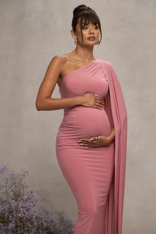 Club L Amaryllis Blush Pink Maternity One Shoulder Maxi Dress With Cape Sleeve
