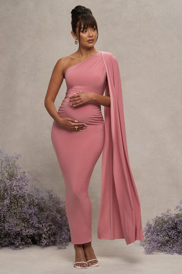 club l Amaryllis Blush Pink Maternity One Shoulder Maxi Dress with Cape Sleeve