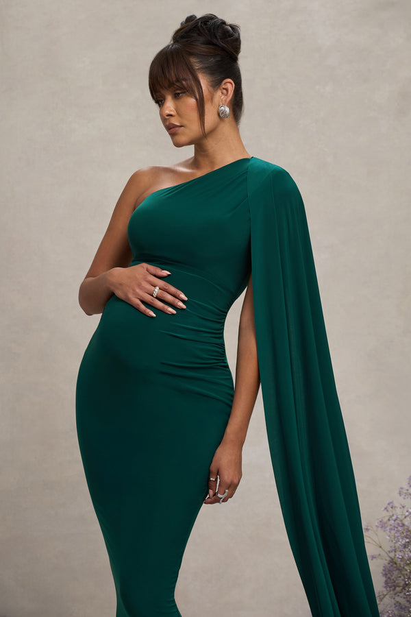 Club L Amaryllis Bottle Green Maternity One Shoulder Maxi Dress With Cape Sleeve