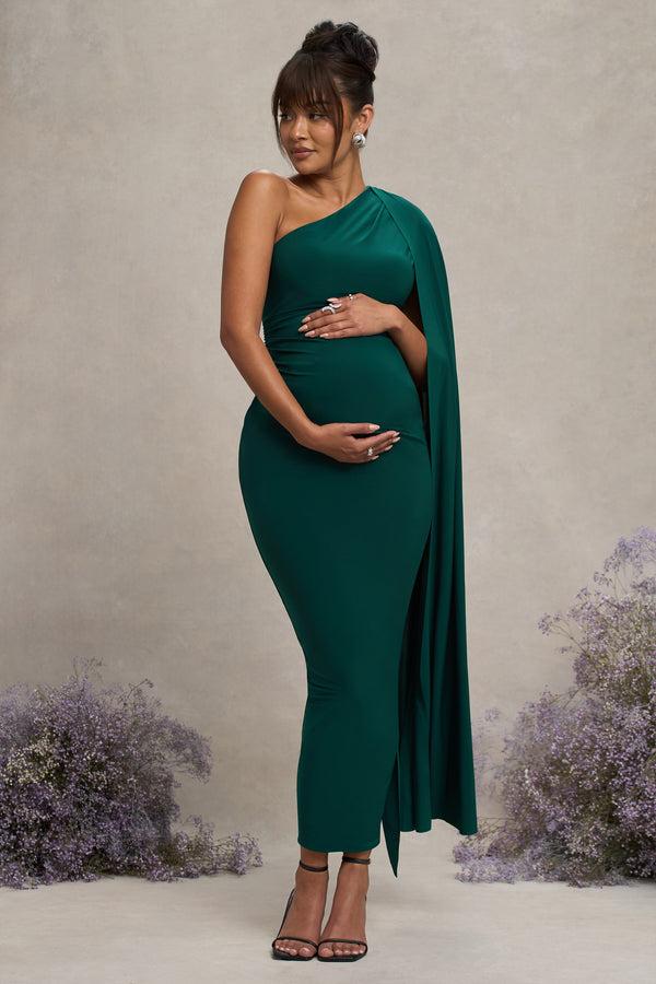 Club L Amaryllis Bottle Green Maternity One Shoulder Maxi Dress With Cape Sleeve