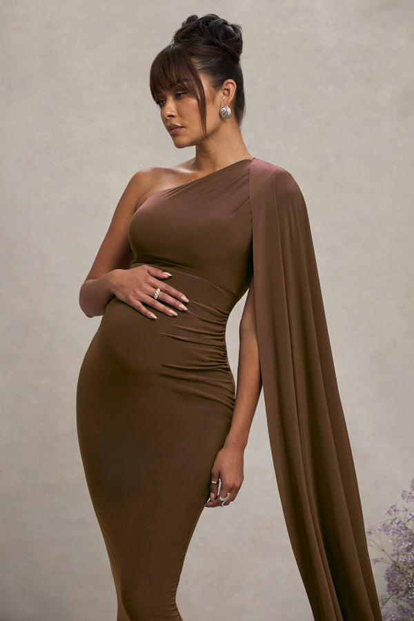 Club L Amaryllis Chocolate Maternity One Shoulder Maxi Dress With Cape Sleeve