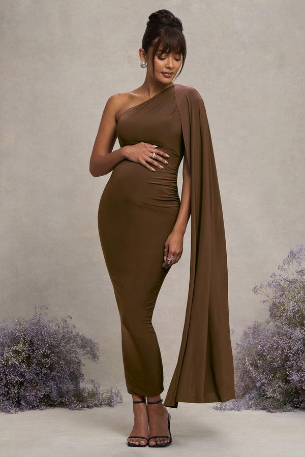 Club L Amaryllis Chocolate Maternity One Shoulder Maxi Dress With Cape Sleeve