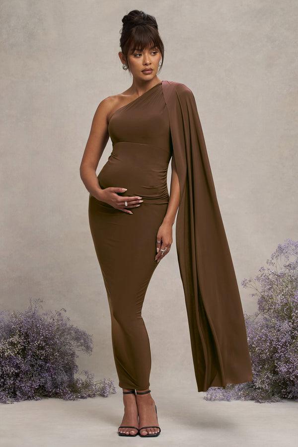 club l Amaryllis Chocolate Maternity One Shoulder Maxi Dress with Cape Sleeve