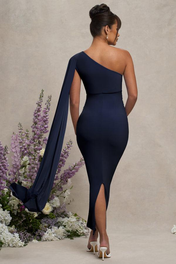 Club L Amaryllis Navy Maternity One Shoulder Maxi Dress With Cape Sleeve
