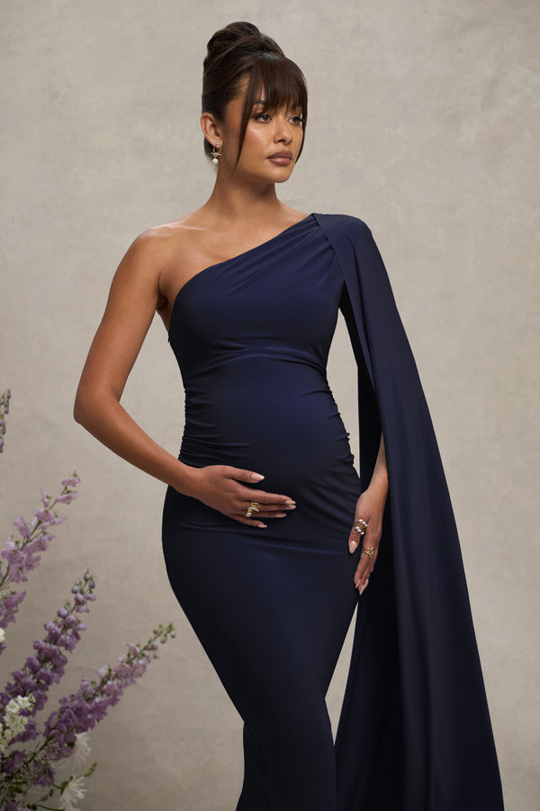 Club L Amaryllis Navy Maternity One Shoulder Maxi Dress With Cape Sleeve
