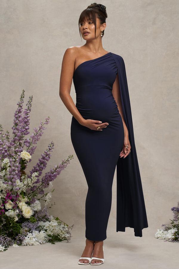 Club L Amaryllis Navy Maternity One Shoulder Maxi Dress With Cape Sleeve