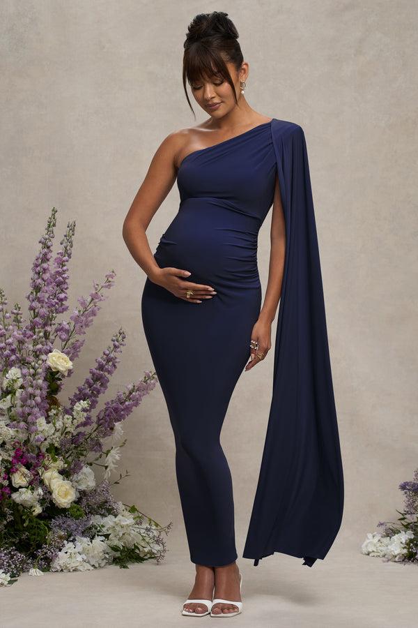 club l Amaryllis Navy Maternity One Shoulder Maxi Dress with Cape Sleeve