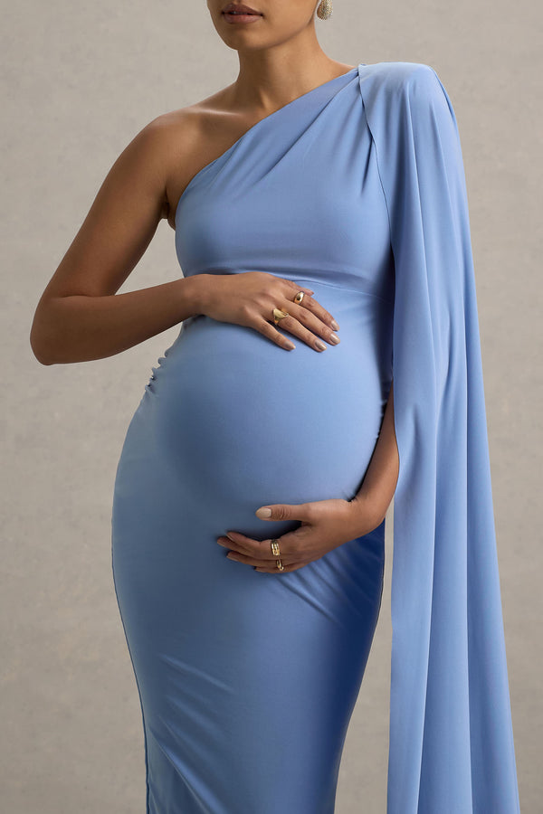 Club L Amaryllis Powder Blue Maternity One Shoulder Maxi Dress With Cape Sleeve