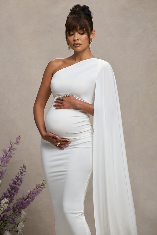 Club L Amaryllis White Maternity One Shoulder Maxi Dress With Cape Sleeve