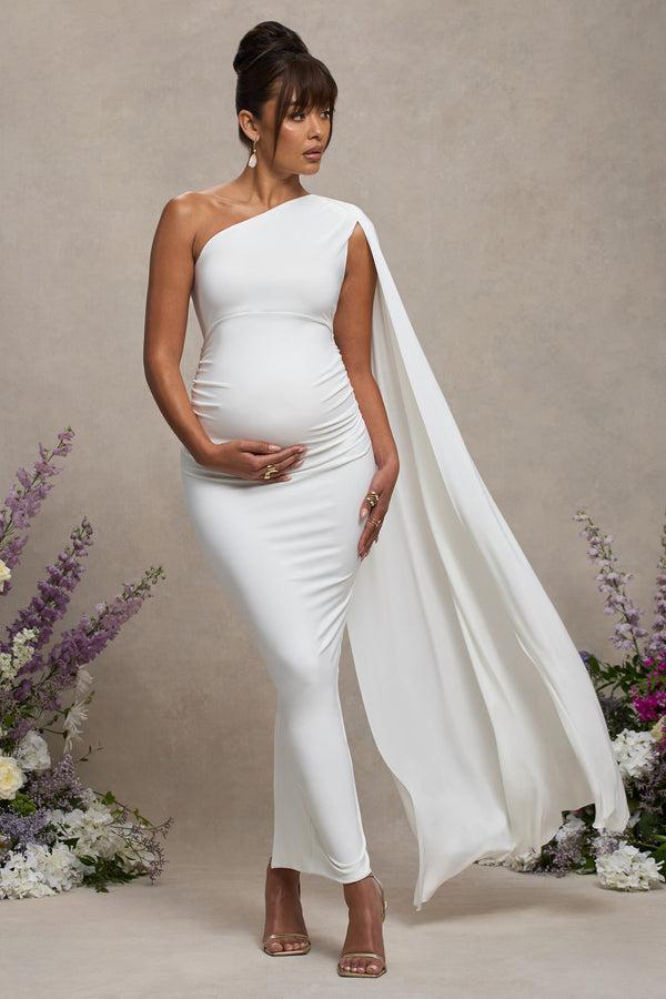 club l Amaryllis White Maternity One Shoulder Maxi Dress with Cape Sleeve