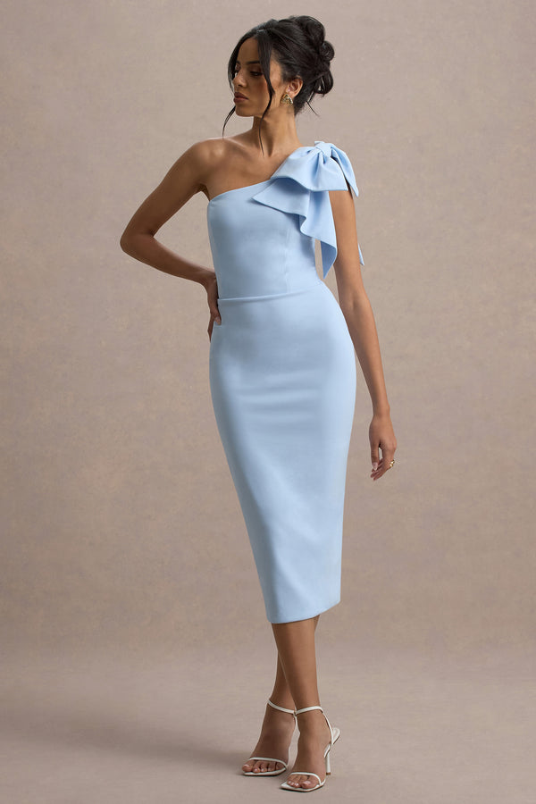 Club L Ambretta Powder Blue One-Shoulder Midi Dress With Bow