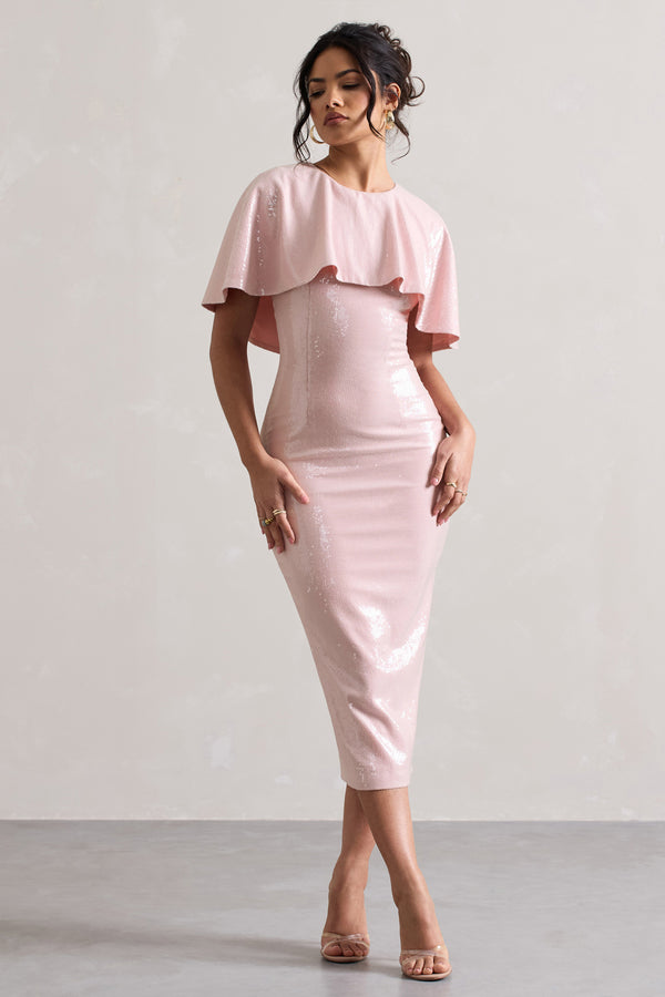 club l Amelie Pastel Pink Sequin Midi Dress With Cape