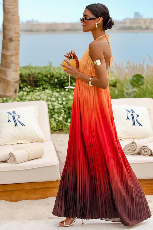 club l Anacapri Orange Ombre Halter-Neck Backless Maxi Dress