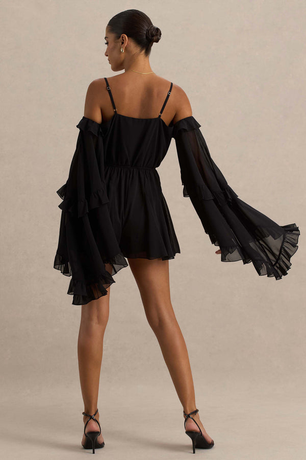 Club L Anaya Black Chiffon Playsuit With Long Sleeves