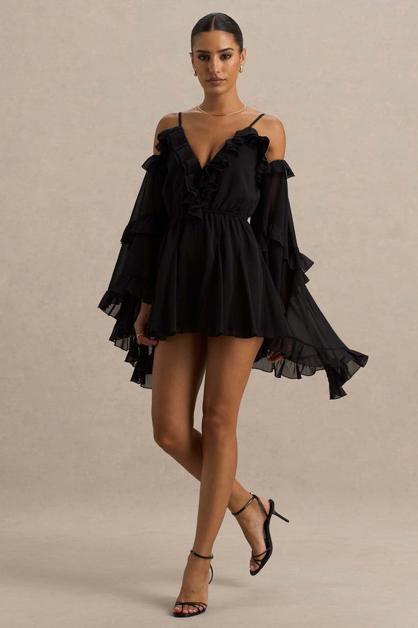 Club L Anaya Black Chiffon Playsuit With Long Sleeves
